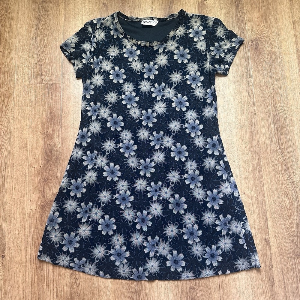 Vintage Women's 90s Y2K Short Sleeve Floral Mini Dress Navy Black Tan